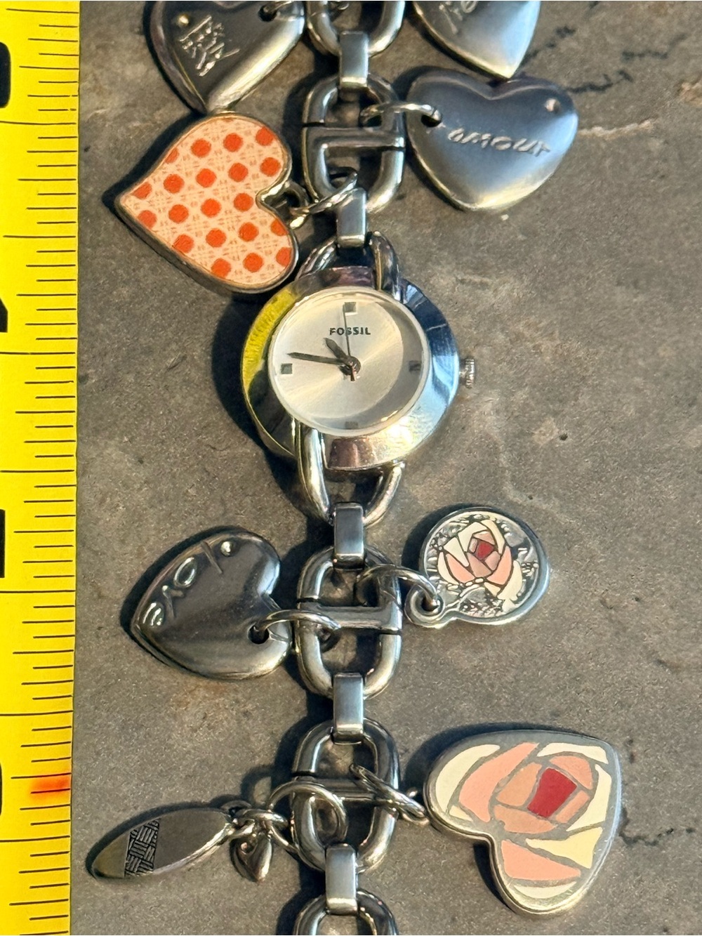 Fossil Silver Charm Bracelet Watch with Pink and Cream Heart Charms